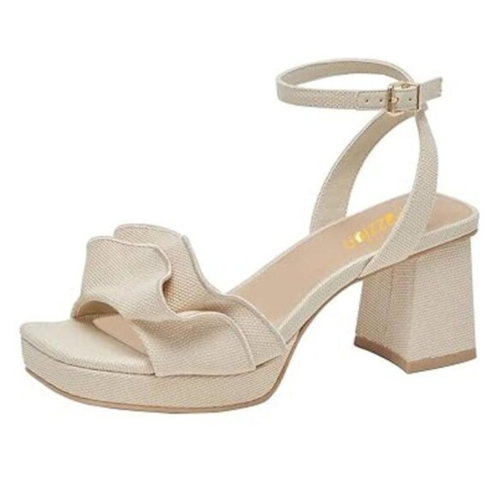 Pazzion Women's Platform Square Toe Pleated Ruffle Sandals Chunky High Heels